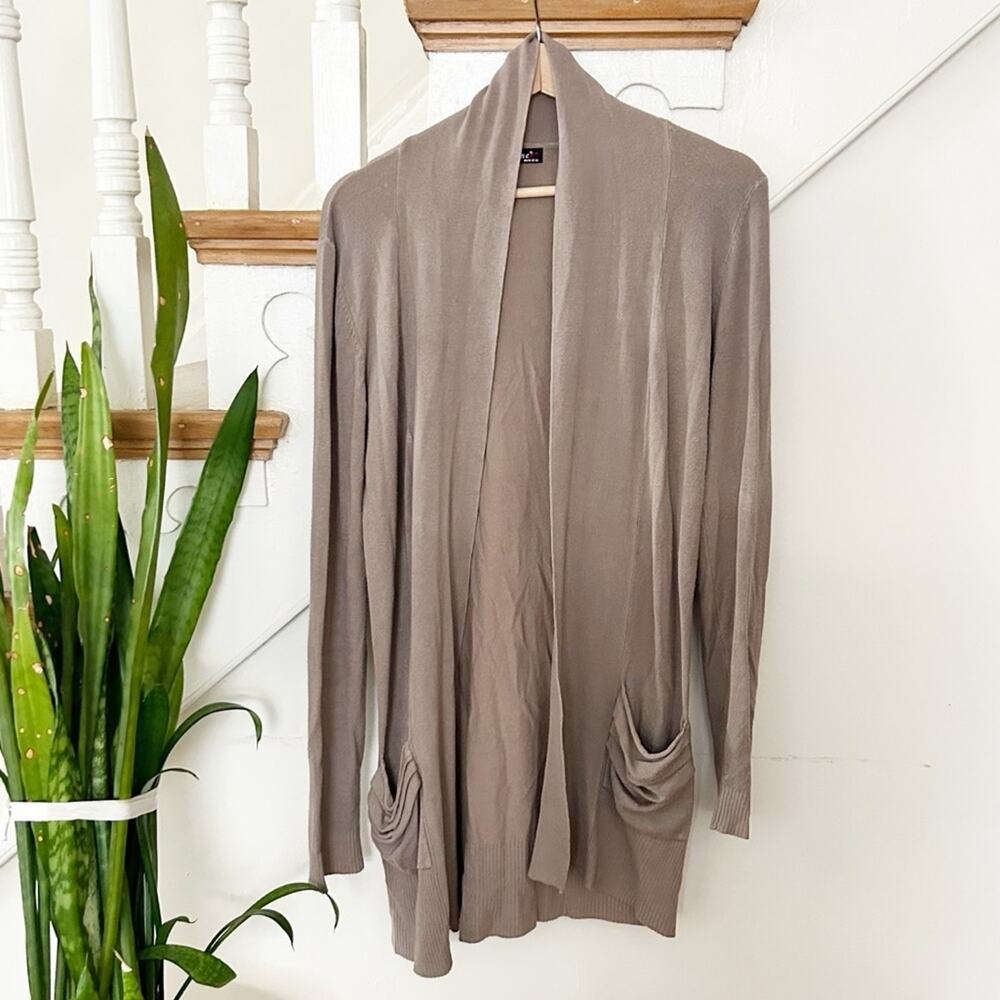 Passione Moda Taupe Cardigan Open Front Lightweight Long Sleeves Pockets Sz M/L